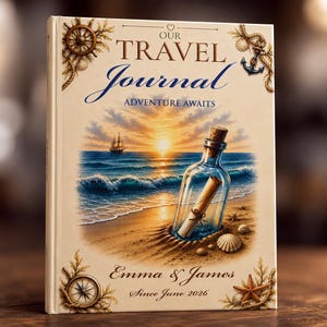 May include: A hardcover travel journal with a cream-colored cover featuring the text OUR TRAVEL JOURNAL ADVENTURE AWAITS. The illustration shows a sunset beach scene with a message in a bottle, a ship, seashells, a compass, and an anchor.