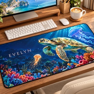 Peut inclure: Un tapis de bureau rectangulaire illustrant une scène sous-marine vibrante avec une tortue de mer nageant au-dessus d'un récif corallien coloré. Le motif inclut une méduse orange lumineuse, une méduse bleue et le nom EVELYN en lettres blanches.