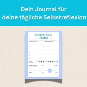 May include: A self-reflection journal page with a light blue border and white background. The text reads Self Reflection Journal, What went well today, Something I'm proud of, 3 things I am grateful for today, How am I feeling today, and more.