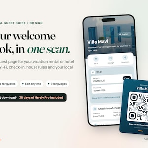 May include: A digital guest guide and QR sign featuring a smartphone displaying a Villa Mavi welcome page with Wi-Fi and check-in details. Next to it is a dark blue square sign with a QR code and the text Scan for Wi-Fi and the guide.