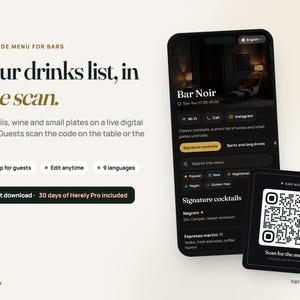 May include: A digital QR code menu system for bars featuring a smartphone displaying a dark-themed drink list for Bar Noir and a square card with a QR code. Text includes Your drinks list, in one scan, No app for guests, and 9 languages.