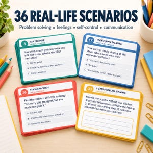 Social Problem Solving Task Cards Grades 2-4 | SEL Self-Regulation Printable PDF