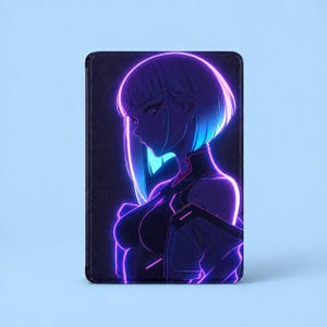 May include: A rectangular black tablet case featuring a neon-style illustration of a person with a short bob haircut. The artwork uses vibrant purple and blue glowing outlines to define the figure against the dark background.