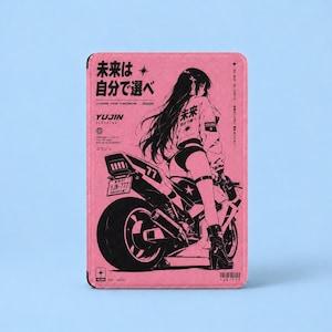 May include: A rectangular pink tablet case featuring a black graphic illustration of a person with long hair sitting on a motorcycle. The design includes Japanese text, the words YUJIN CLOTHING, and the license plate text YJN-777.