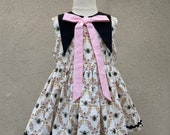 Fit for a Doll Bumble Bee Brocade Cotton Gathered Skirt Dress with Pointy Collar and Pink Bow Tie