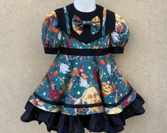 Fit For A Doll! Peek-A-Bow Bib Dress in Vintage Halloween Illustrations Printed Fabric