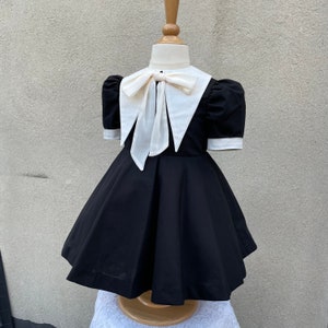 Fit for a Doll! Everyday is Wednesday Mourning Wear Dress with Off-White Pointy Collar and Chiffon Bow Tie