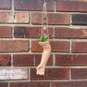 May include: A unique hanging planter shaped like a human arm, holding a small succulent. The arm is a flesh tone with a gold chain detail. The planter hangs from a gold chain with decorative beads against a brick wall.