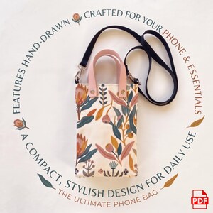May include: A rectangular phone bag with a cream background featuring a botanical print of protea flowers and leaves in muted tones of pink, orange, and blue. It has two light pink handles, a black adjustable strap, and text surrounding it.
