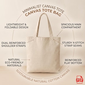 May include: A beige canvas tote bag with two shoulder straps. Text labels highlight features: Minimalist Canvas Tote, Canvas Tote Bag, Lightweight & Foldable Design, Spacious Main Compartment, Dual Reinforced Shoulder Straps, Sturdy X-Stitch Strap Seams, Natural Eco-Friendly Materials, Reinforced Flat Bottom, Sustainable Natural Cotton Canvas.