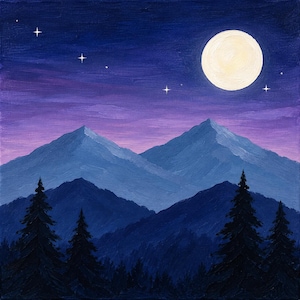 May include: A square canvas painting depicting a night landscape with a large, pale yellow full moon in a deep purple and blue sky. Below, layered blue mountain silhouettes rise behind a dark foreground of silhouetted evergreen pine trees.