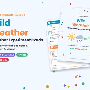 Może przedstawiać: Zestaw kart eksperymentów Wild Weather zawierający 12 aktywności dotyczących chmur, wiatru, deszczu i burz. Strony do druku zawierają instrukcje oraz tytuły eksperymentów, takie jak Cloud in a Jar i Tornado, z kolorowymi ikonami.