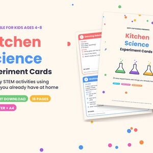 Peut inclure: Un ensemble de cartes d'expériences scientifiques de cuisine imprimables pour les enfants de 4 à 8 ans. Les cartes présentent du texte coloré, des illustrations de trois béchers et des instructions pour 20 activités STEM faciles à la maison.