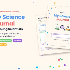 Może przedstawiać: Dziennik naukowy do druku dla dzieci w wieku 4-8 lat, zawierający 32 strony do wypełnienia. Okładka zawiera napis My Science Journal, Sippy Cup Science oraz ilustracje dwóch zlewek i lupy, ozdobione kolorowymi kropkami przypominającymi konfetti.
