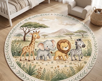 Safari-Tierteppich für Kinder, runder Kinderzimmerteppich, Giraffe, Elefant, Löwe, Zebra, Dschungel-Thementeppich