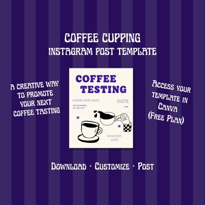 Może przedstawiać: Cyfrowy szablon posta na Instagram dotyczący degustacji kawy na ciemnofioletowym paskowanym tle. Centralny biały kwadrat zawiera tekst COFFEE TESTING, grafikę z dwiema filiżankami kawy oraz pola na nazwę, datę i godzinę.