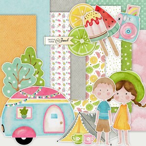 May include: A digital paper pack with a summer camping theme. The pack includes images of a camper, a tent, a tree, a popsicle, a camera, and a lime. The text "DIGITAL PAPER by Janet" is included in the image.