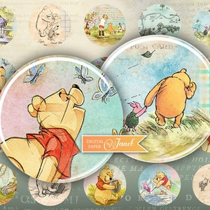 Winnie The Pooh, circles 1 inch, image for cabochon, pendant glass, printable cabochon image, button image, magnet, Printable Download