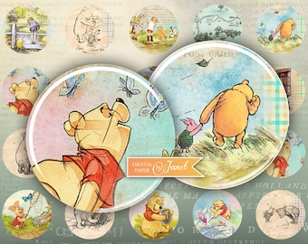 Winnie The Pooh, circles 1 inch, image for cabochon, pendant glass, printable cabochon image, button image, magnet, Printable Download