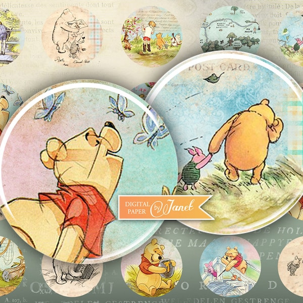 Winnie The Pooh, círculos de 1 pulgada, imagen para cabujón, colgante de cristal, imagen de cabujón imprimible, imagen de botón, imán, Descarga imprimible