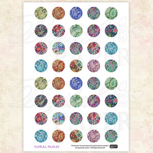 Floral Paisley circles image digital collage sheet 1 x 1 inch Printable Download image 2