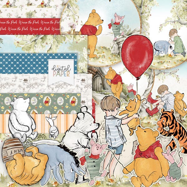 Classic Winnie the Pooh Scrapbook Kit, Vintage Paper Craft, Storybook Ephemera, Watercolor Nursery Art, Hundred Acre Wood, Sheet A4 Download