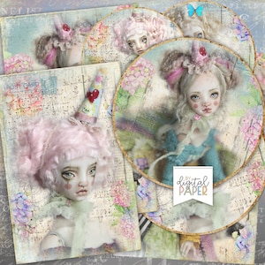 Bambola d'arte, Cartolina stampabile, Diario spazzatura, Scrapbooking, Pagina di diario, Biglietto vintage, Invito personalizzato, Ephemera, Mixed Media