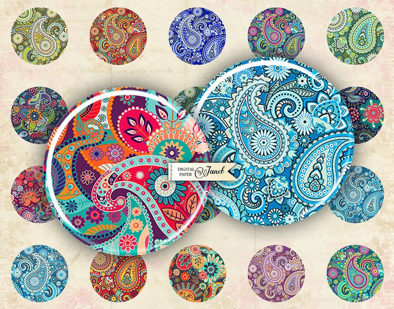 Floral Paisley circles image digital collage sheet 1 x 1 inch Printable Download image 1