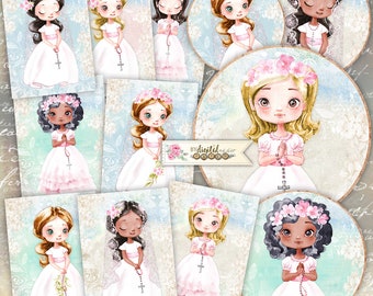 May include: Digital paper pack with illustrations of girls in white dresses and floral headbands. The girls are holding rosaries and are in various poses. The background is a light blue with a white lace pattern.