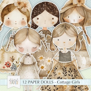 Bonecas de papel para impressão, Cottage Girls, cortes exigentes, Cricut, planejador, adesivos, suprimentos para registro no diário, coisas efêmeras vintage, clipart adorável menina