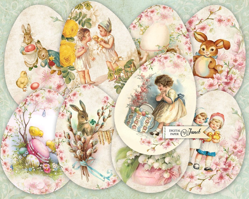 May include: A set of 10 digital paper images featuring vintage illustrations of Easter eggs, bunnies, chicks, and children. The images are in a pastel color palette with pink, yellow, and blue accents.