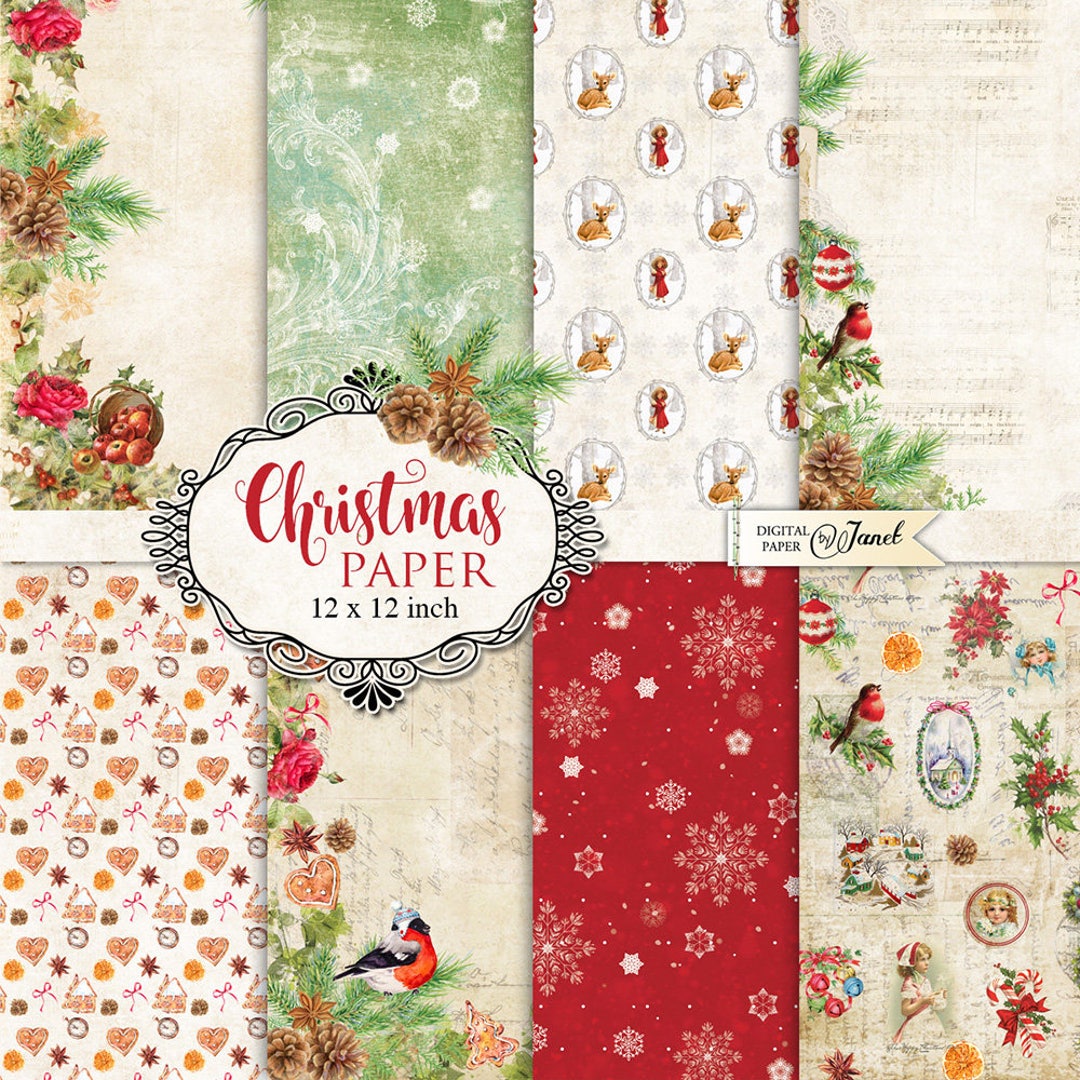 Christmas Paper, Printable Scrapbooking Paper, 12x12 Inch, Background,  Journal Pages, Ephemera, DIY Craft, Scrapbook Album, Greeting Cards 