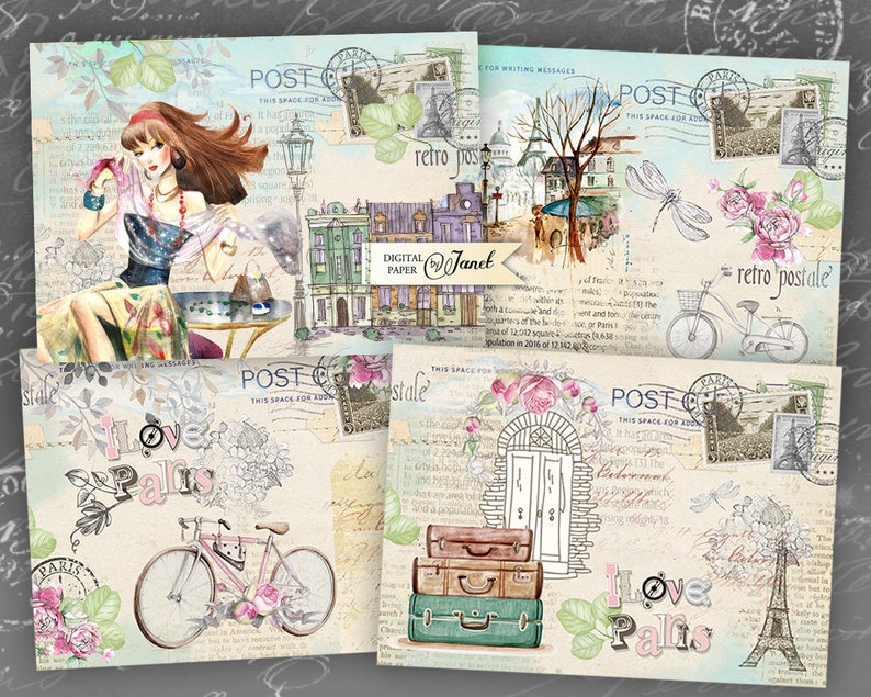 Art Mail illustration stories digital collage sheet Paris Printable Download set of 4 cards