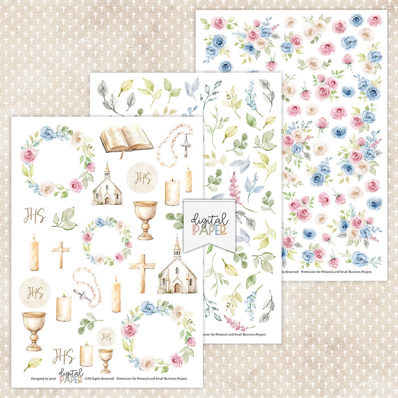 May include: Digital paper pack with watercolor illustrations of religious symbols, including a church, candles, a chalice, a rosary, a cross, and wreaths of flowers. The text "JHS" appears on several of the illustrations. The background is a beige pattern of small crosses.