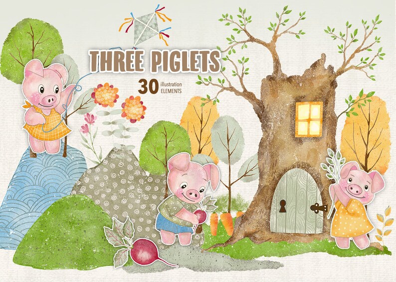 Three Piglets Collection  32 Watercolor Elements  PNG file  zdjęcie 0