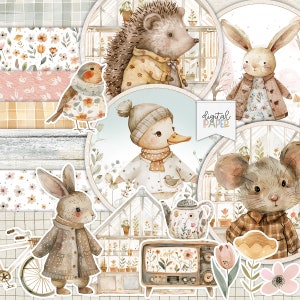 Principios de primavera, animales bebés, papel de Pascua, suministros para manualidades en papel, álbumes de recortes imprimibles, páginas de diarios basura, material efímero, creación de tarjetas, cricut,