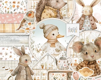 Baby Animals Spring Scrapbook Paper, Easter Junk Journal Kit, Cute Woodland Creatures, Nursery Ephemera, Floral Nature, Digital Download A4