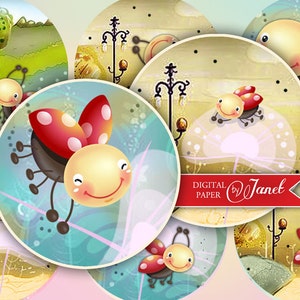 LADYBUG - cerchi da 2,5 pollici - set di 12 - foglio di collage digitale - specchietti tascabili, etichette, scrapbooking, toppers cupcake