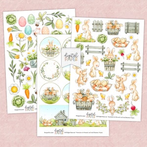May include: A set of digital papers featuring watercolor illustrations of bunnies, eggs, flowers, and other spring-themed elements. The papers are perfect for scrapbooking, card making, and other craft projects.