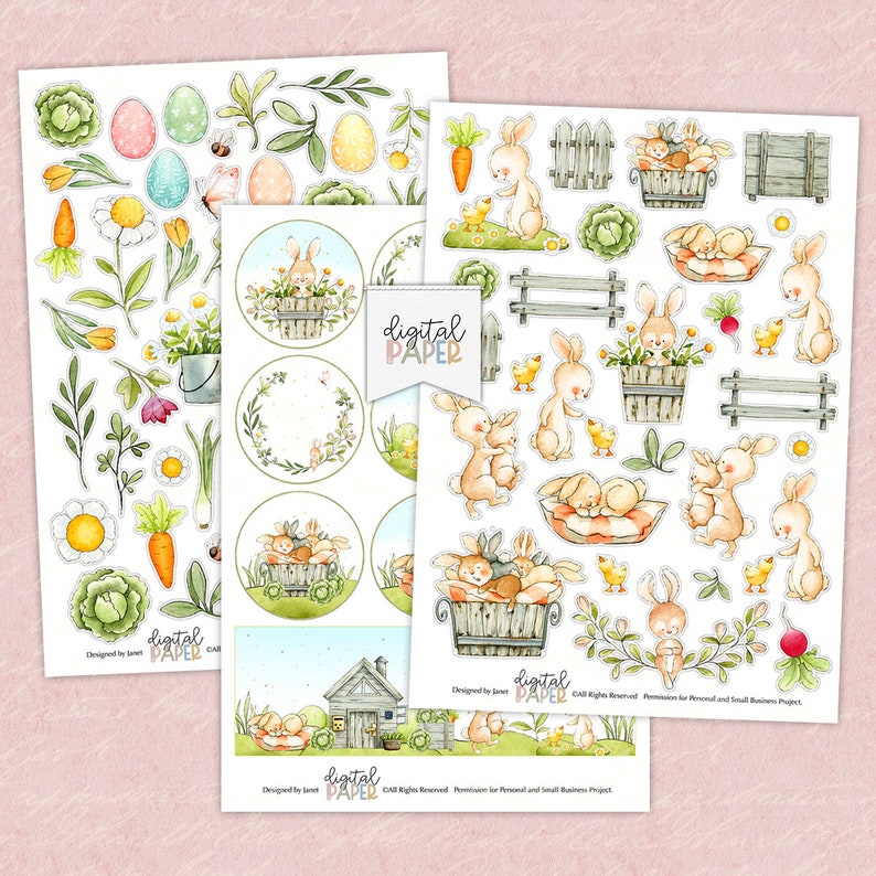 May include: A set of digital papers featuring watercolor illustrations of bunnies, eggs, flowers, and other spring-themed elements. The papers are perfect for scrapbooking, card making, and other craft projects.