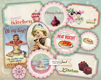 Sweet Kitchen - digital collage sheet - set of 9 elements - Printable Download