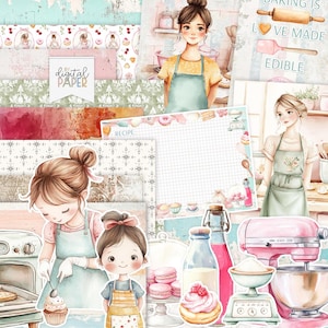 Può includere: Set di carta digitale con illustrazioni a tema panificazione. L'immagine presenta illustrazioni ad acquerello di donne con grembiuli, strumenti per la panificazione, cupcake, macarons e un robot da cucina rosa. È visibile anche il testo "Baking is Love Made Edible".