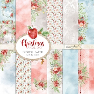 Vacances de Noël, papier scrapbooking imprimable, 12 x 12 pouces, fond, pages de journal, éphémères, bricolage, album de scrapbooking, cartes