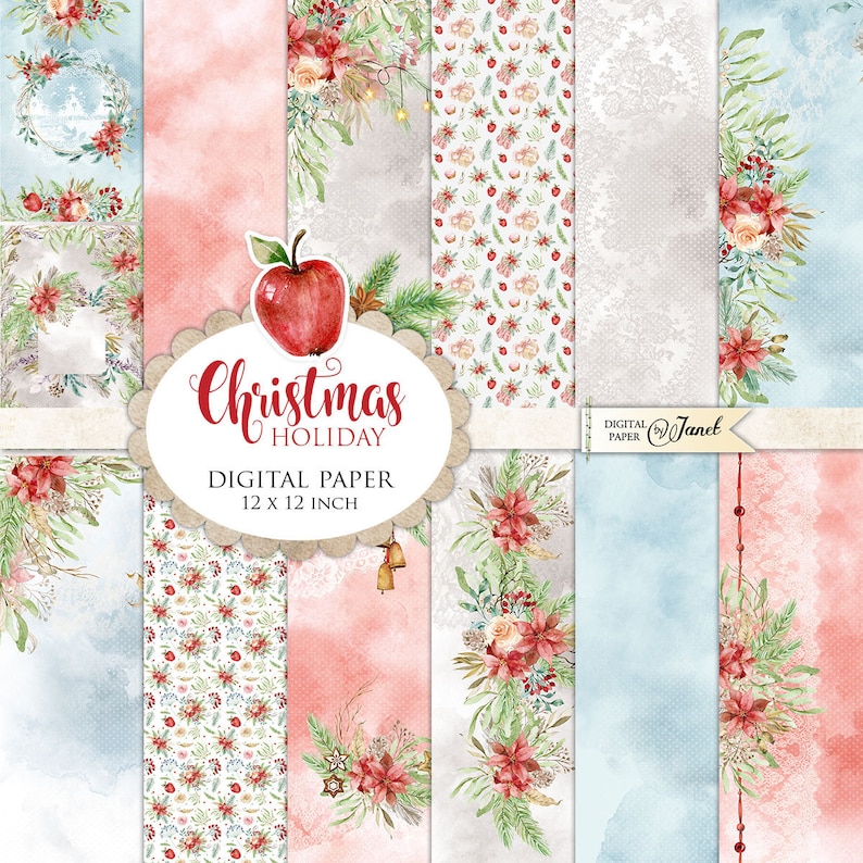 May include: A set of 12x12 inch digital papers featuring Christmas holiday themes. The papers include a variety of patterns, including a red apple, poinsettias, holly, and a white lace design. The papers are perfect for scrapbooking, card making, and other crafting projects.