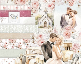 May include: A digital paper pack with a wedding theme. The pack includes images of a church, a vintage car, a couple, flowers, and other wedding-related elements. The text "by digital paper" is included in the image.