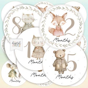 Mesi del bambino, simpatici animali, adesivi mensili per le tappe del bambino, neonato, illustrazione stampabile dei mesi, file Cricut, topper per bambini, sublimazione