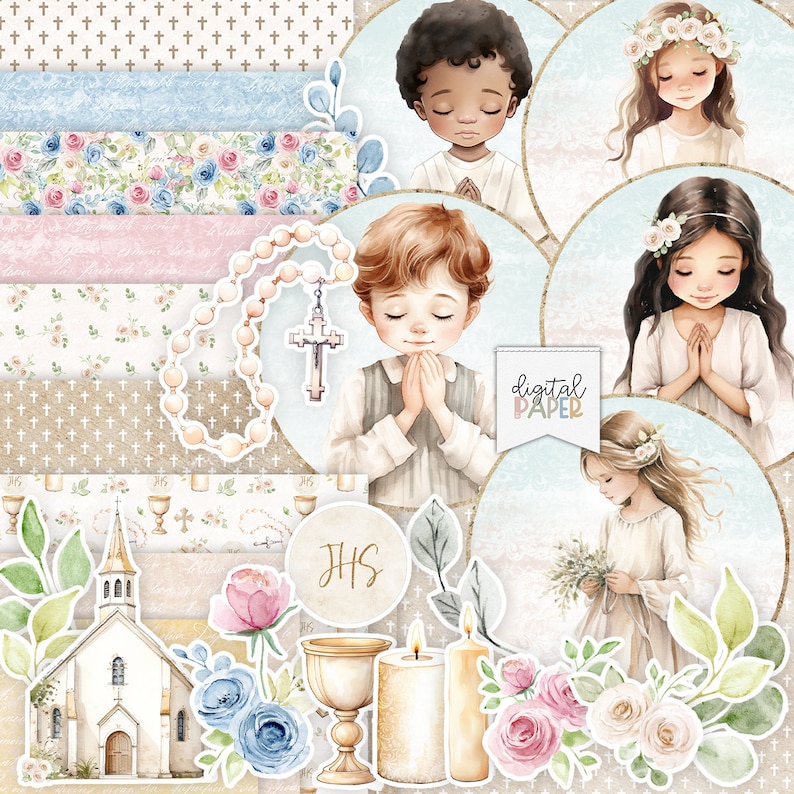 First Holy Communion, Printable scrapbooking Kits, Scrapbooking Paper, Ephemera, DIY Craft Project, Craft Supplies, Card Making, Invitation zdjęcie 1