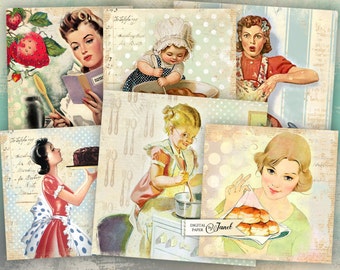 Cooking Cards 1 - set of 6 - digital collage sheet - Printable Download