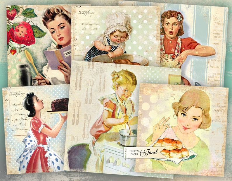 Cooking Cards 1 set of 6 digital collage sheet Printable Download image 1