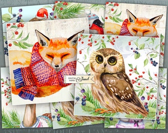 Winter Animals - set of 6 cards - digital collage sheet - Printable Download